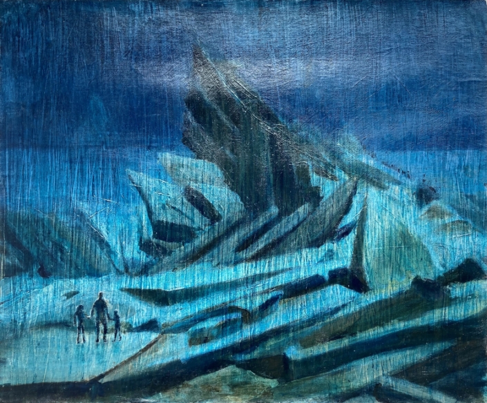 + Emilie Jansen; Antropoceen 4 acryl op doek, 47 x 57 geïnspireerd door ‘De zee van ijs’, olie op doek, 96,7 x 136,9 cm van Caspar David Friedrich
