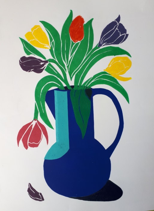+ Marja ten Hoorn Tulpen linodruk 70×50 €325 inspiratie Vincent van Gogh; Blauwe irissen